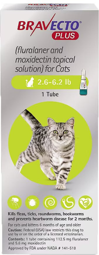 Bravecto Plus Topical Solution for Cats 2.6-6.2 lbs (1.2-2.8 kg) - Green