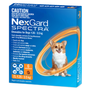 NexGard Spectra Chewables for Dogs — 3.0–7.7 lb (1.35–3.5 kg) — Orange Pack — AU packaging reference — 6 doses