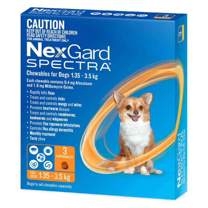 NexGard Spectra Chewables for Dogs — 3.0–7.7 lb (1.35–3.5 kg) — Orange Pack