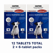 Nuheart Heartworm Tablets for Dogs — up to 24.2 lb (up to 11 kg) — Blue Pack — 12 tablets total, two 6-tablet packs — Australian packaging combination reference