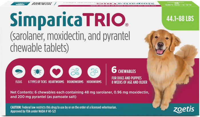 Simparica Trio Chews for Dogs 44.1-88 lbs (20.1-40 kg) - Green