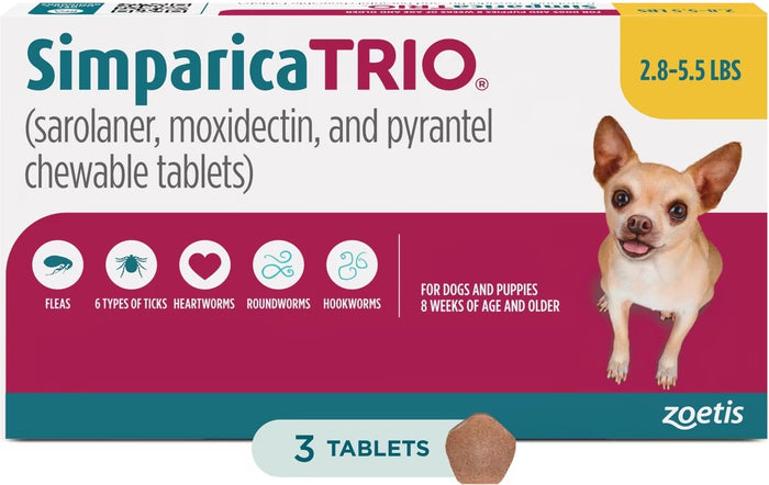 Simparica Trio Chews for Dogs 2.8-5.5 lbs (1.25-2.5 kg) - Yellow