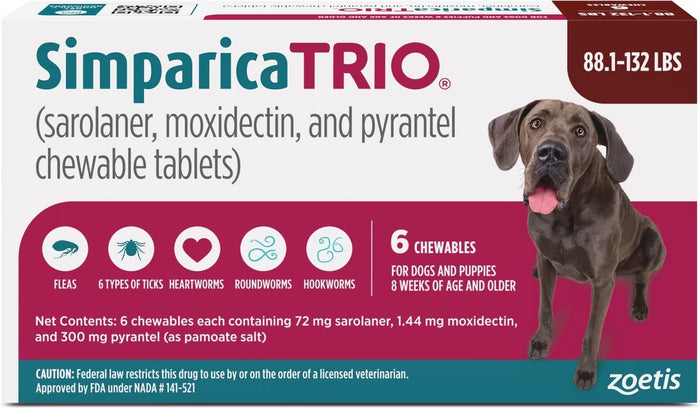 Simparica Trio Chews for Dogs 88.1-132 lbs (40.1-60 kg) - Red