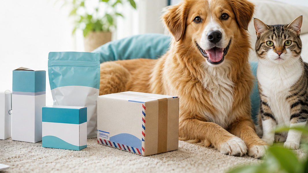 Dog and cat with pet care products